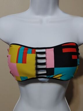 Volcom Multicolor Geometric Bandeau Bikini Top - Yellow Pink Teal Black Red